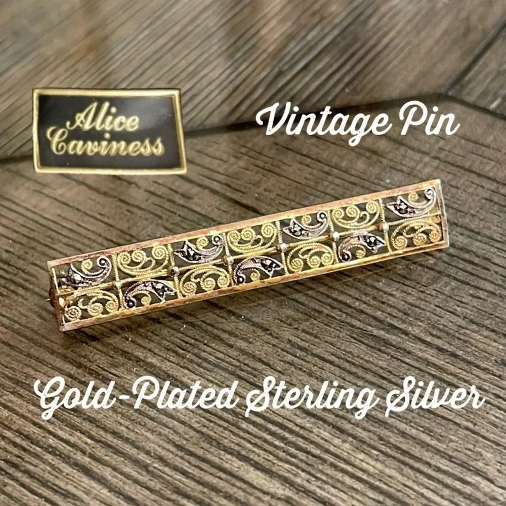 Vintage Alice Caviness Sterling and Marcasite Filigree Bar Pin